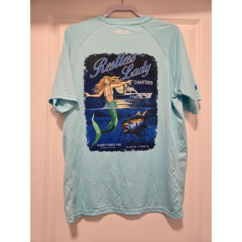 Huk Mens Restless Lady Charters Fishing Shirt Blue Graphic Tee Large Ocean City - Picture 4 of 5